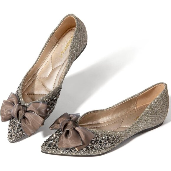 Zelaprox Women's Silver Leather Rhinestone Pointed Toe Bowknot Ballet Shoes - Picture 1 of 7